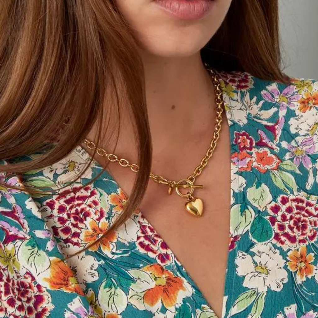 Collier en acier inoxydable avec fermoir en avant et pendentif coeur, Store-mj