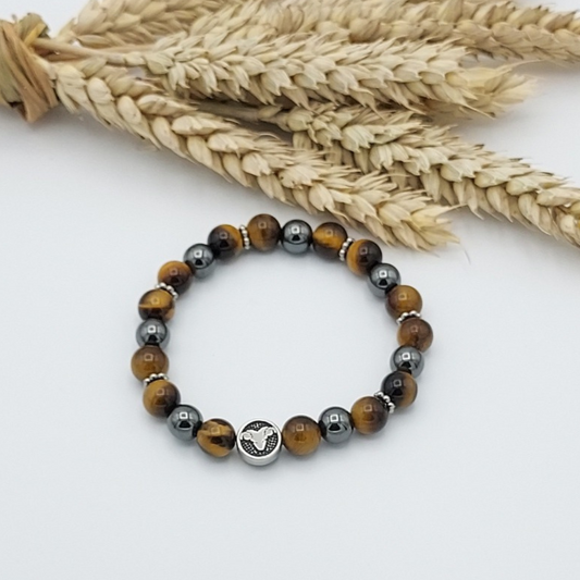 Bracelet signe du Bélier en oeil de tigre et hématite perles semi-précieuses en 8mm Store-mj