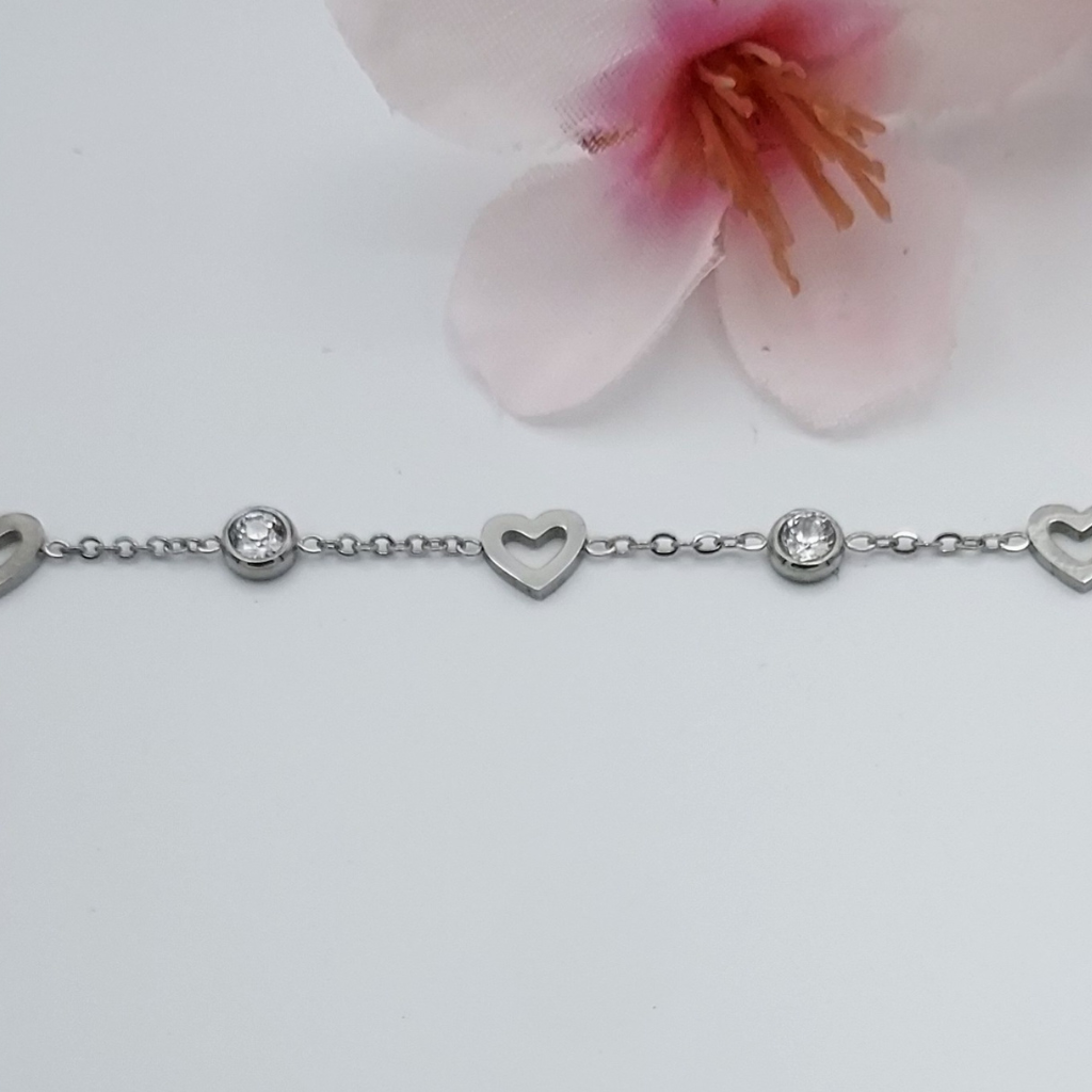 Bracelet coeur et strass acier inoxydable couleur argent, Store-mj