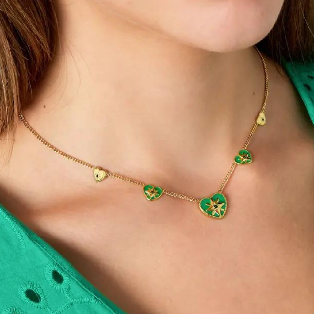 Collier avec 5 coeurs en acier inoxydable couleur vert ou blanc, Store-mj