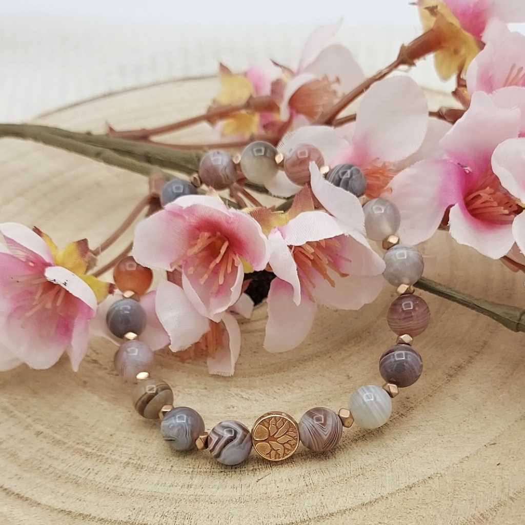 Bracelet en perles semi-précieuses agate de botswana avec breloque arbre de vie couleur doré rose, Store-mj