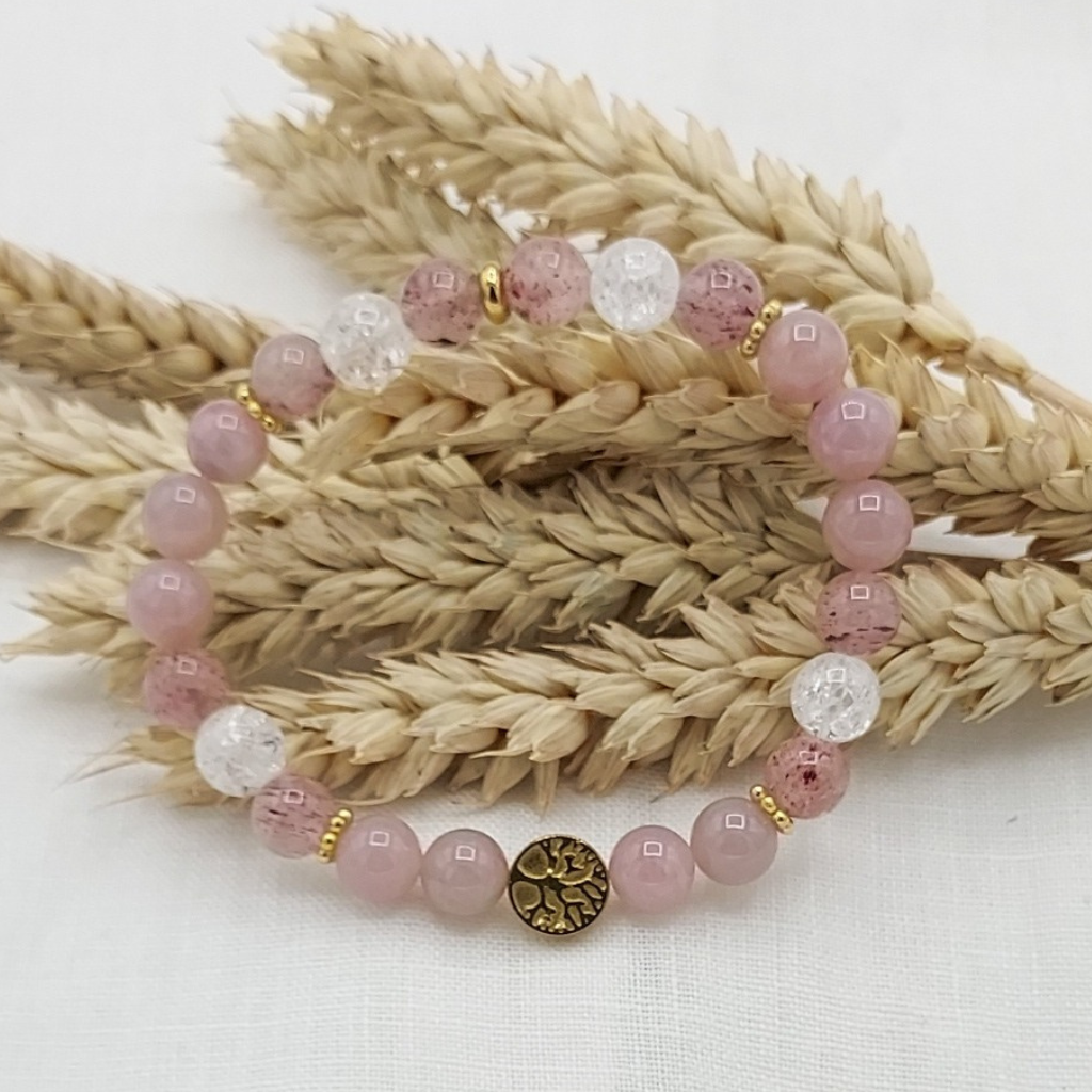Bracelet perles semi-précieuses en quartz rose et fraise avec cristal de roche en 8mm, motif arbre de vie hématite doré, Store-mj