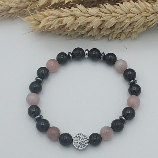 BRACELET TOURMALINE NOIRE-QUARTZ ROSE 8MM