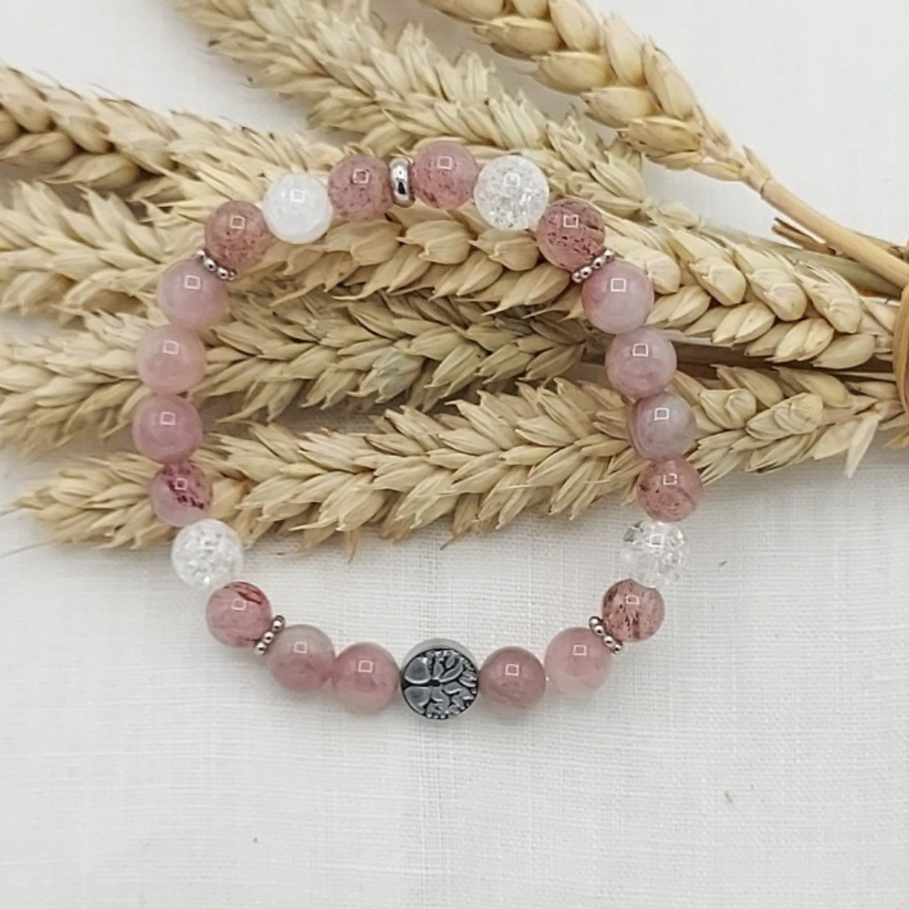 Bracelet perles semi-précieuses en quartz rose et fraise et cristal de roche en 8mm motif arbre de vie hématite argenté, store-mj