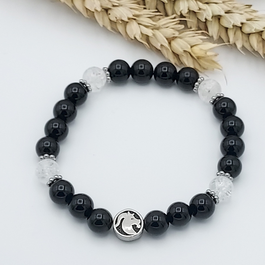 Bracelet signe capricorne obsidienne noire et cristal de roche en pierres semi-précieuses. Store-mj