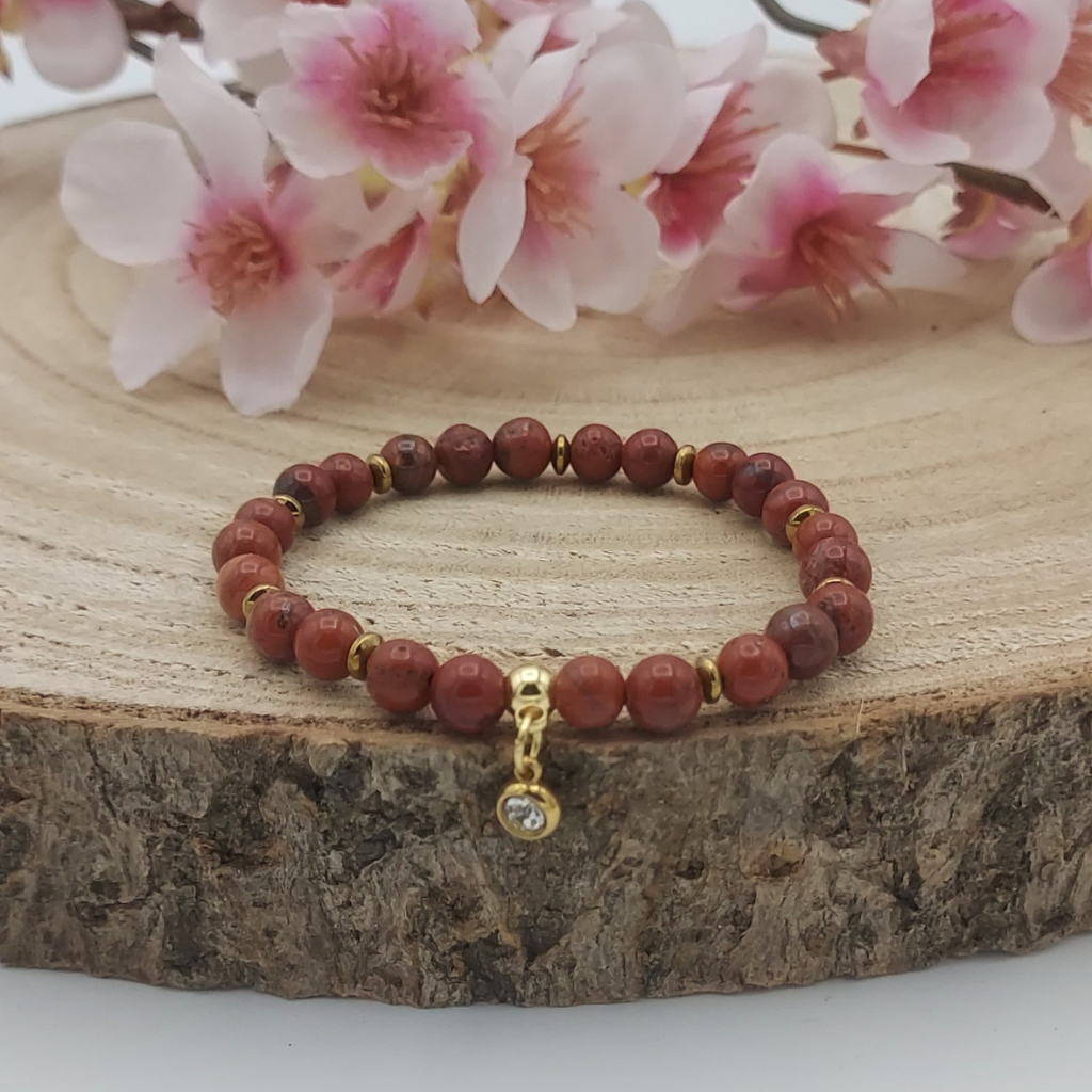 Bracelet en perles semi-précieuses 6mm jaspe rouge, breloque strass et perles d'espacement en hématite, Store-mj