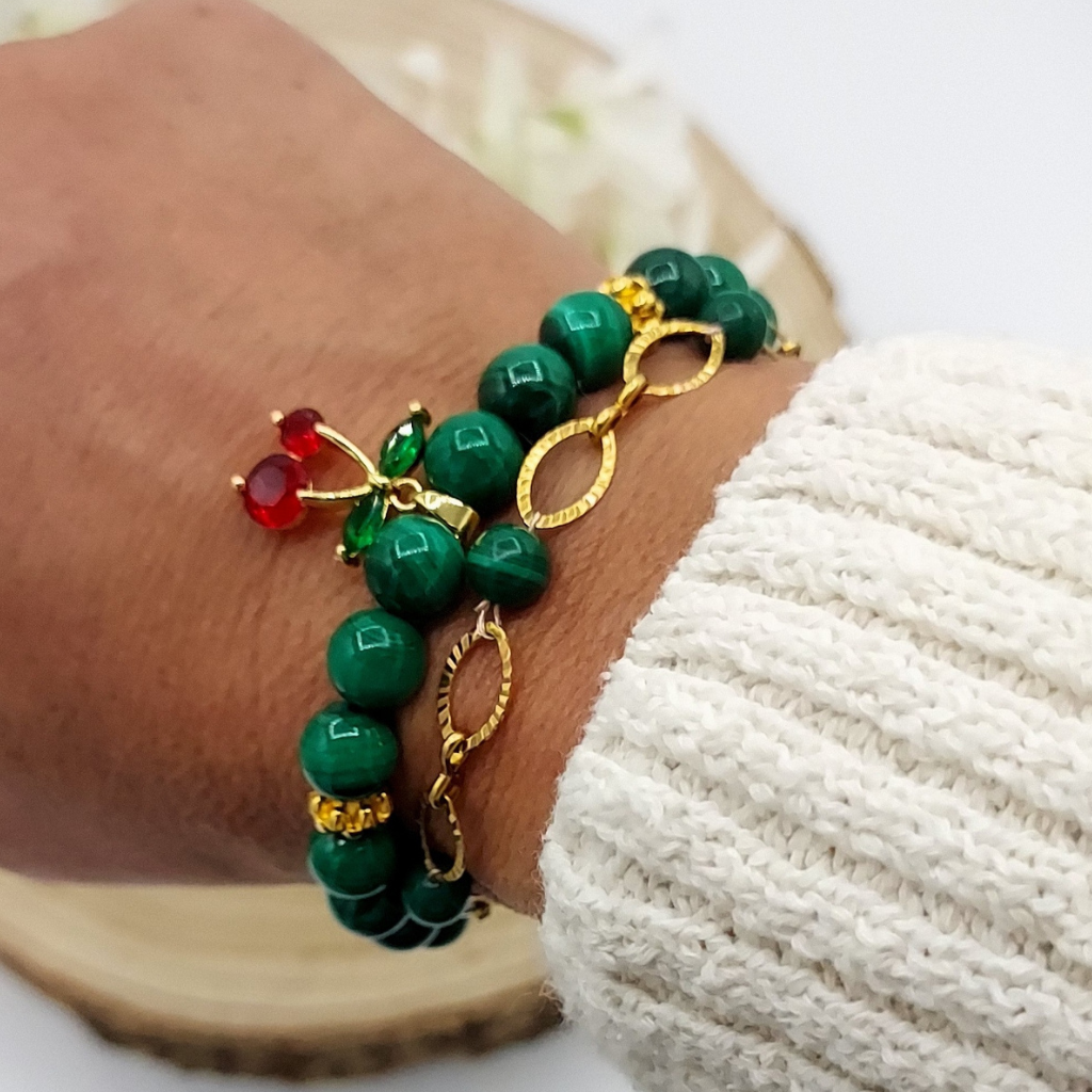 Bracelet Malachite qualité A breloque cerise en Zircon cubique, Store-mj