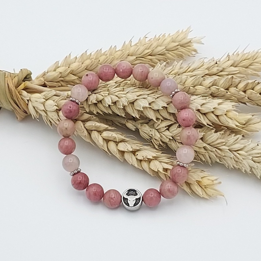 Bracelet signe taureau perles semi-précieuse rhodonite et quartz rose de Madagascar, Store-mj