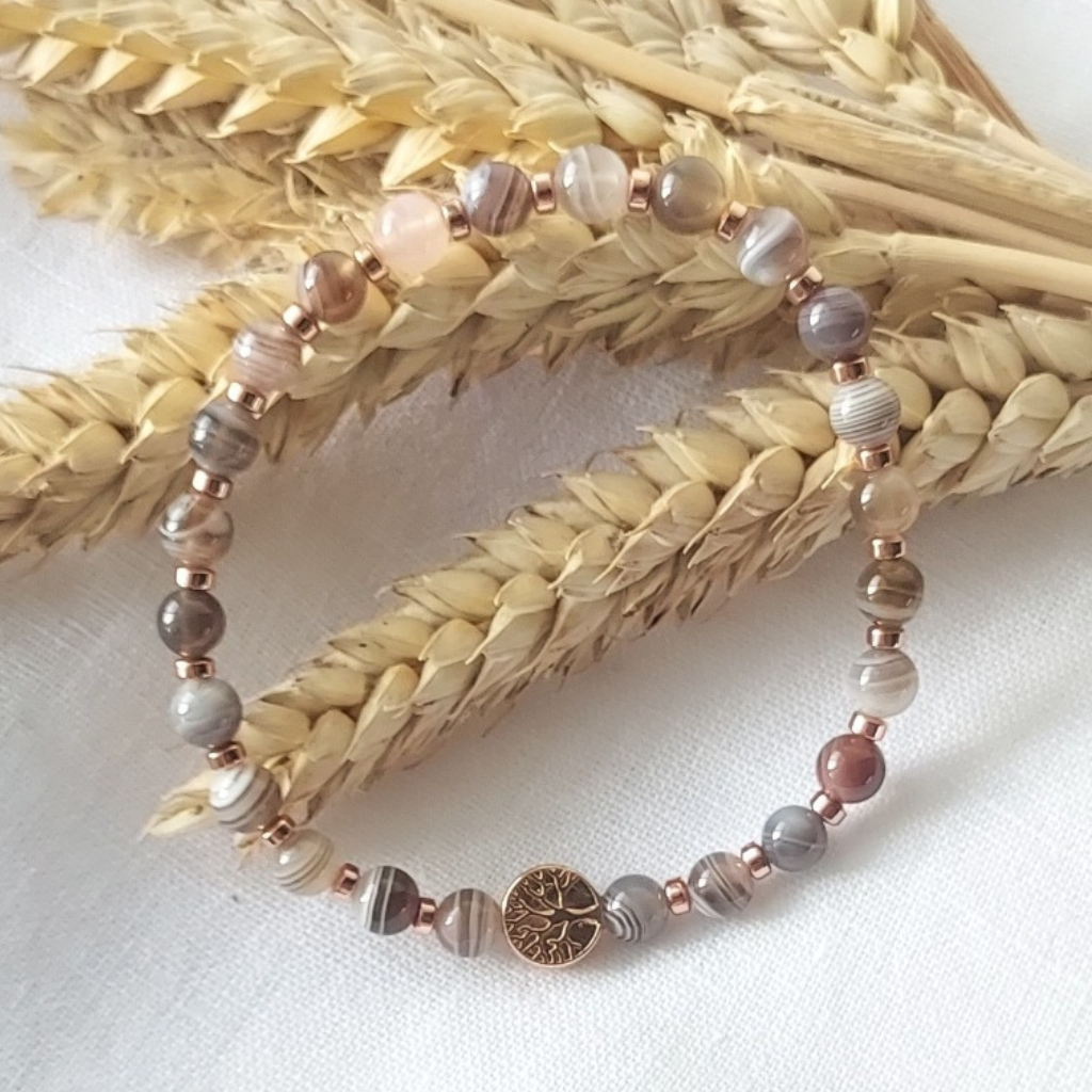 Bracelet en perles semi-précieuse en agate de botswana avec perles d'espacement en hématite doré rose et breloque arbre de vie, Store-mj