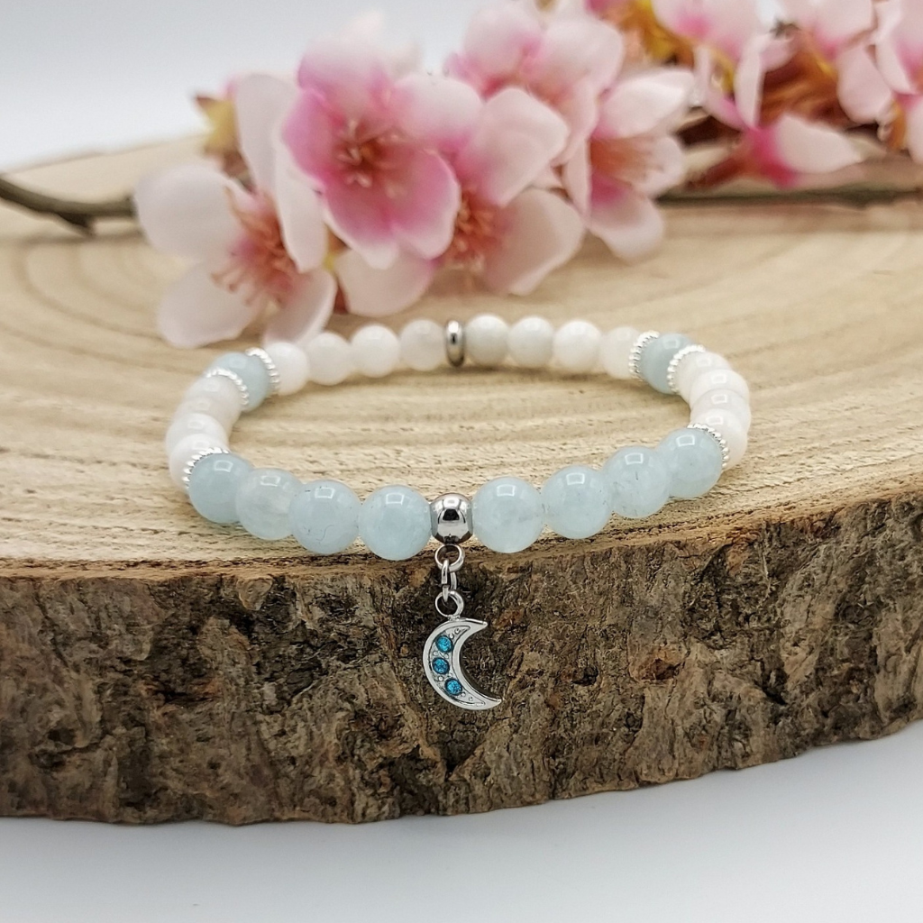 Bracelet aigue-marine et pierre de lune AA en 6mm, accompagnée d'une breloque lune en acier inoxydable, Store-mj