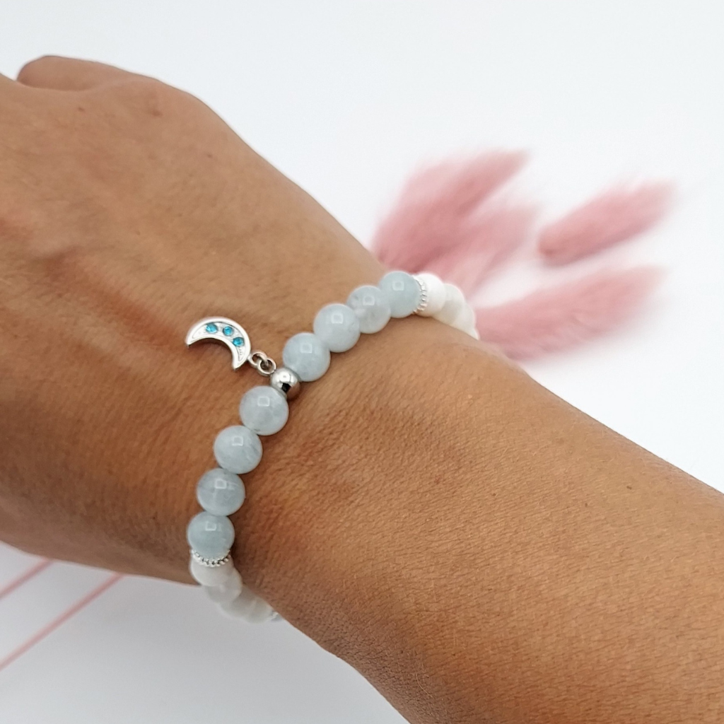 Bracelet aigue-marine et pierre de lune AA en 6mm, accompagnée d'une breloque lune en acier inoxydable, Store-mj