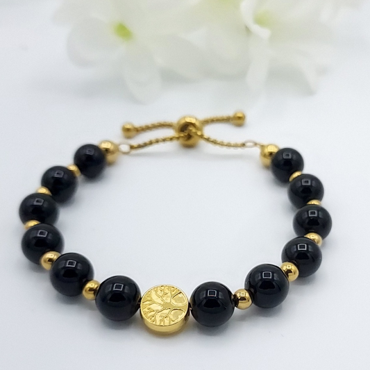 Bracelet obsidienne noire sur chaîne ajustable avec arbre de vie acier inoxydable, Store-mj