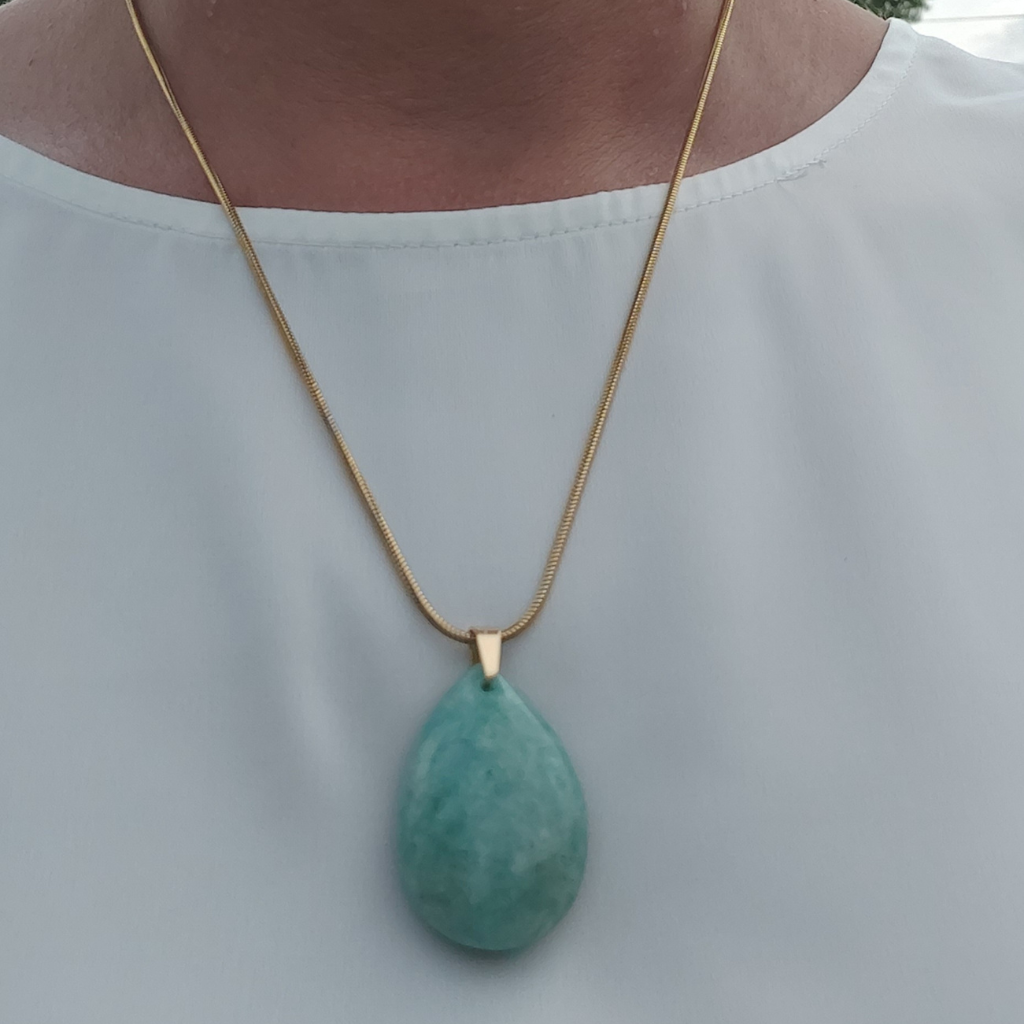 Collier pierre semi-précieuses Amazonite en forme de goutte et chaîne en acier inoxydable, Store-mj