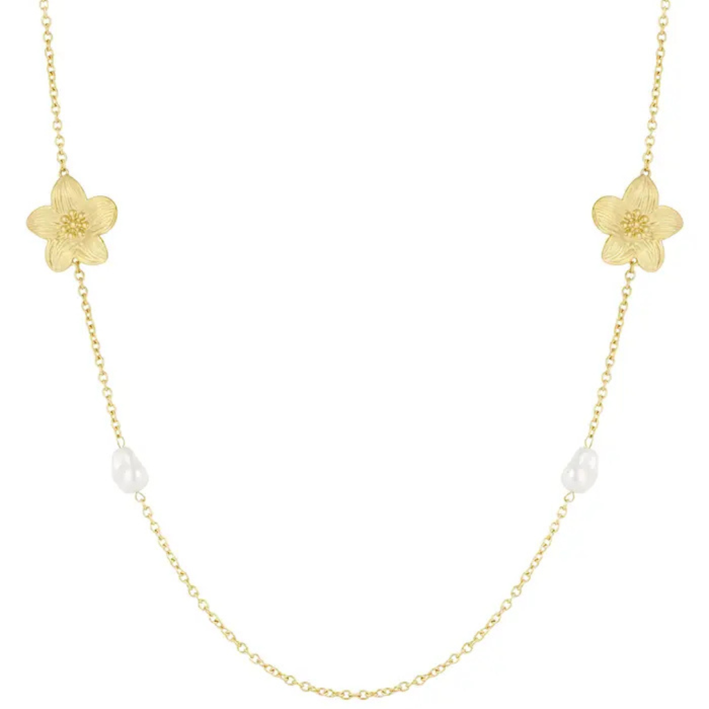 Collier long 95cm avec fleur et perles blanches, Store-mj