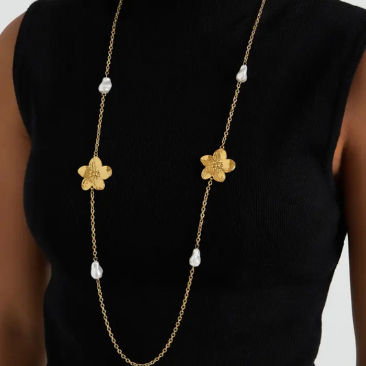 Collier long 95cm avec fleur et perles blanches, Store-mj