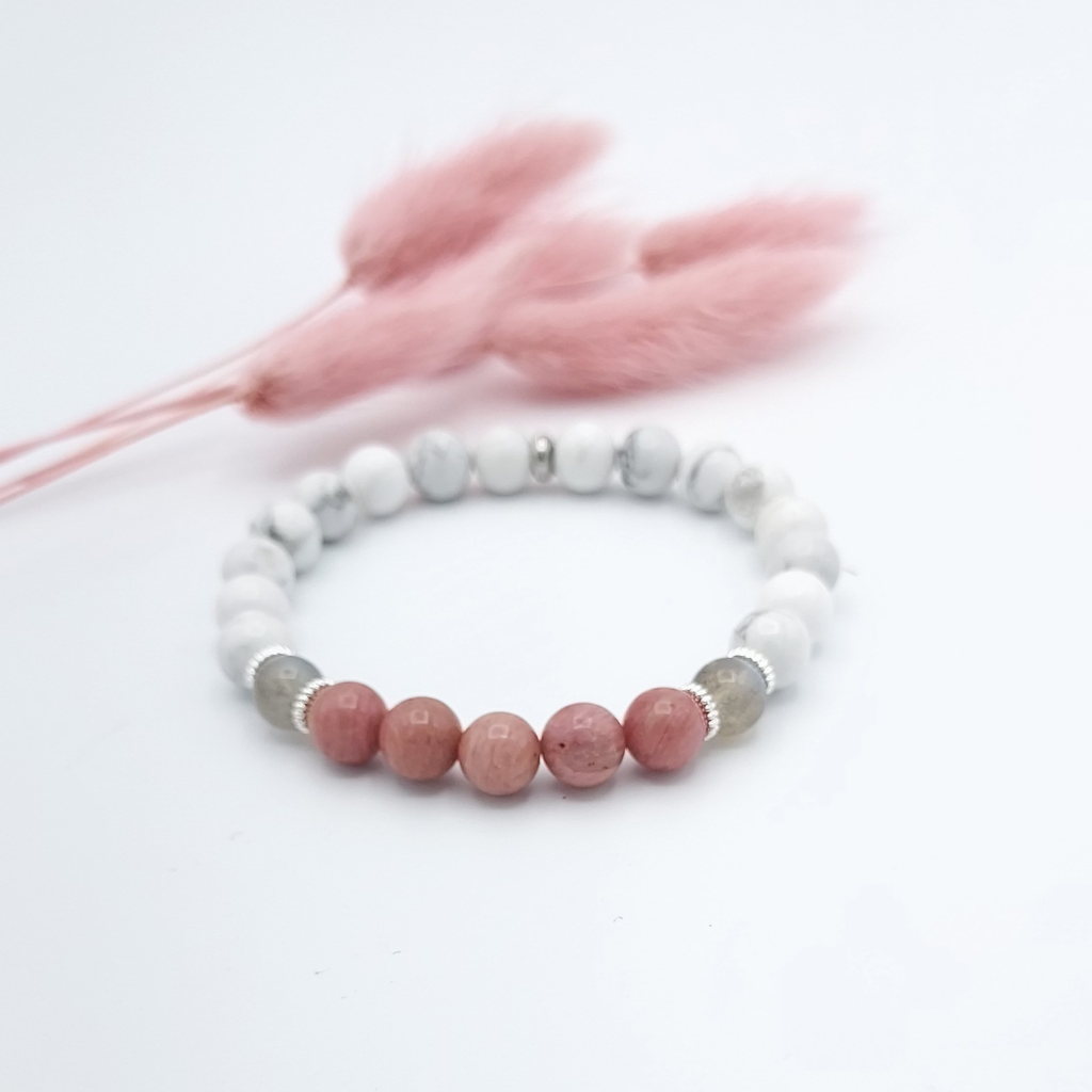 Bracelet zénitude, perles semi-précieuses en howlite, rhodonite, labradorite en 8mm; Store-mj