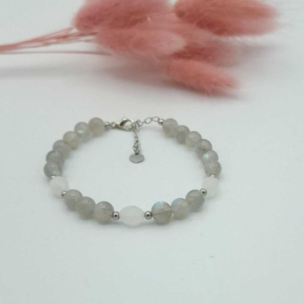 Bracelet labradorite et pierre de lune ovale sur fil cablé resistant exciste en deux taille s et m, Store-mj