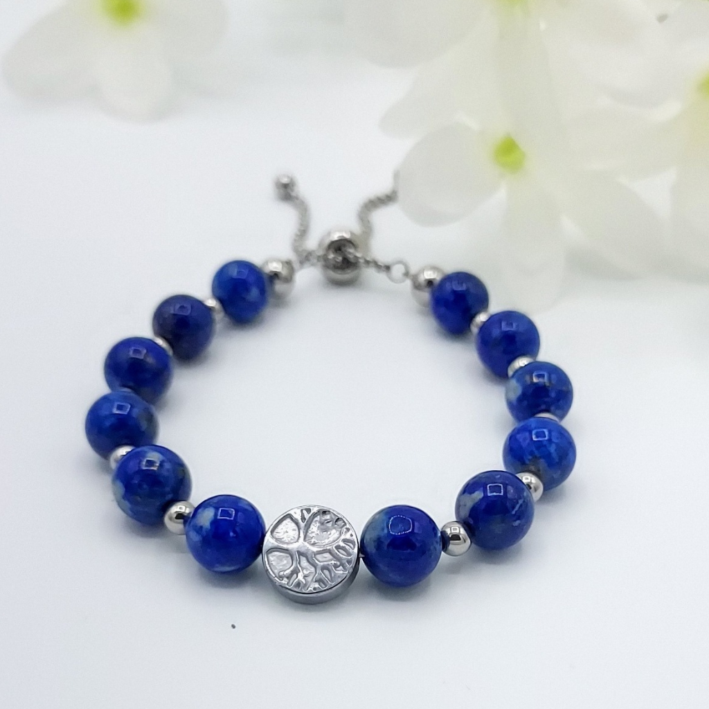 Bracelet lapis-lazuli 8mm avec chaîne ajustable en acier inoxydable. Store-mj