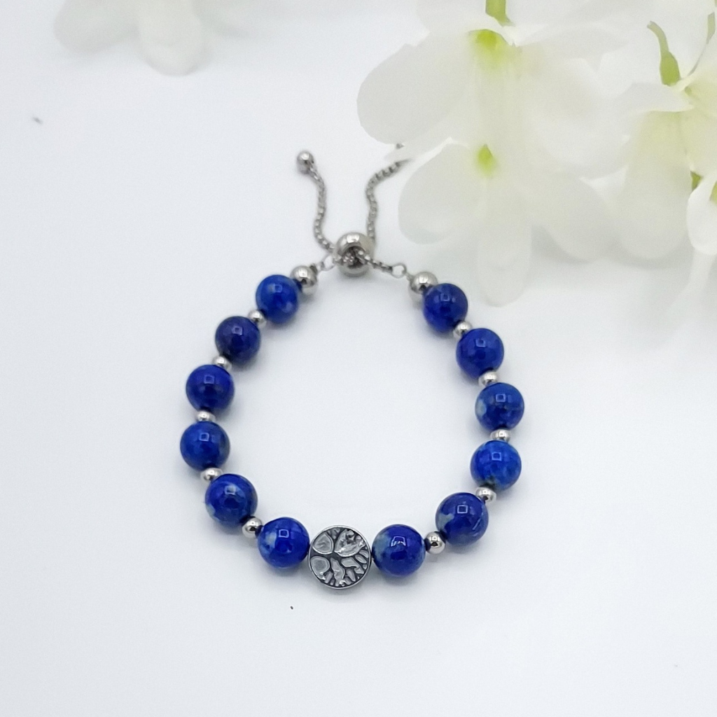 Bracelet lapis-lazuli 8mm avec chaîne ajustable en acier inoxydable. Store-mj