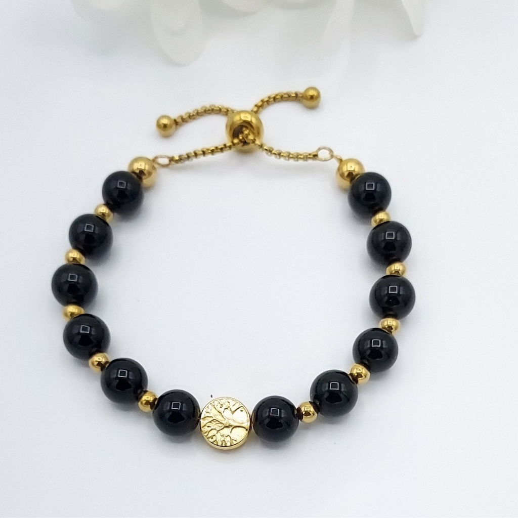 Bracelet obsidienne noire sur chaîne ajustable avec arbre de vie acier inoxydable, Store-mj