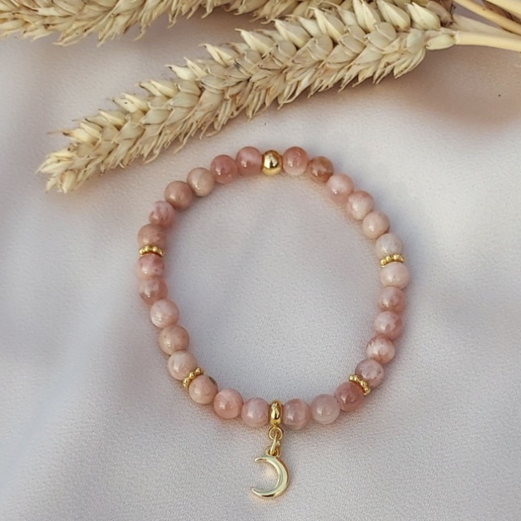 Bracelet perle de lune rose en 6mm avec perles d'espacement en acier inoxydable doré et pendentif motif demi-lune, Store-mj