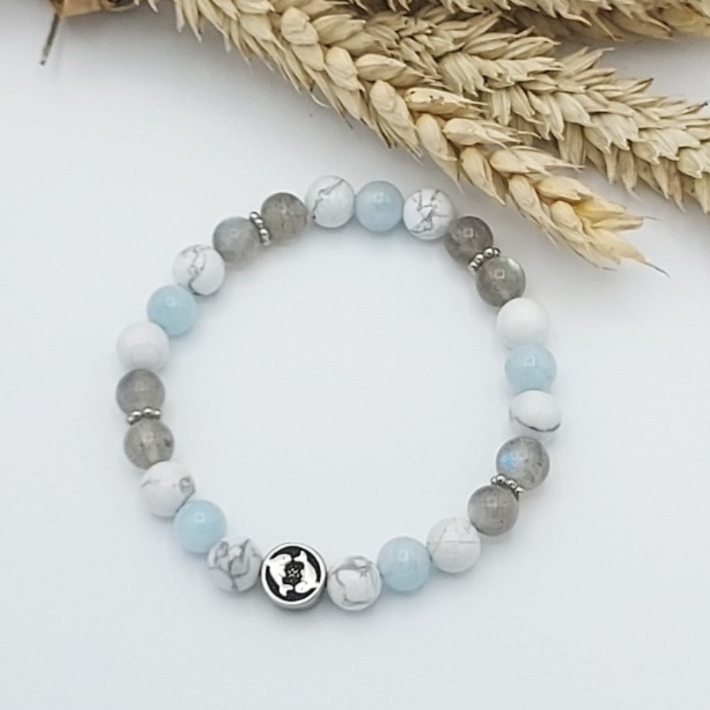 Bracelet signe Poissons en perles semi-précieuses en Howlite, labradorite et aigue-marine, store-mj