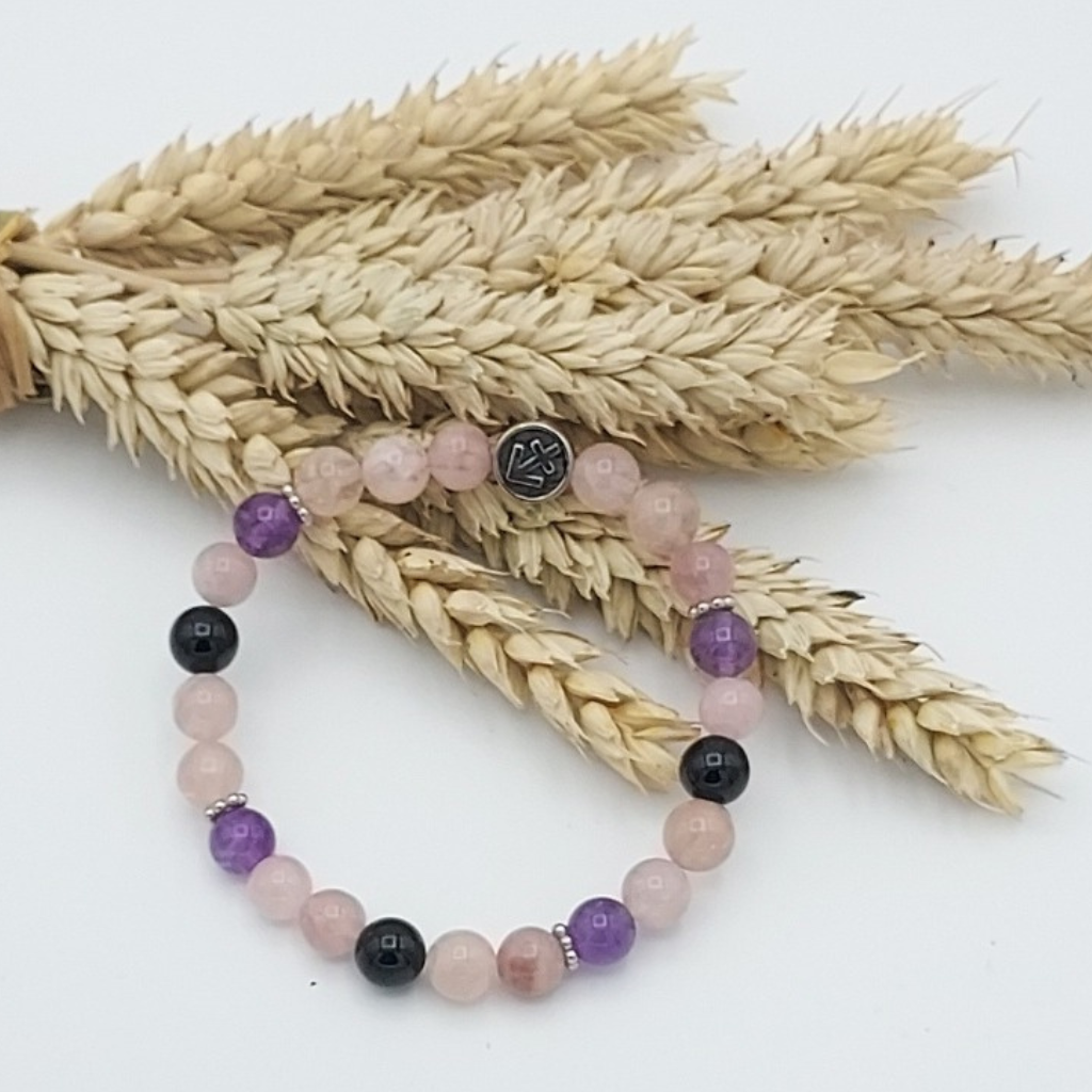 Bracelet signe sagittaire en pierres semi-précieuses, quartz rose, Améthyste et tourmaline noire, Store-mj